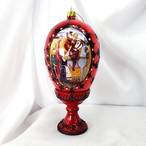 Joan Rivers Classics Russian Faberge Egg Ornament Medieval Scene Red Glass 8"